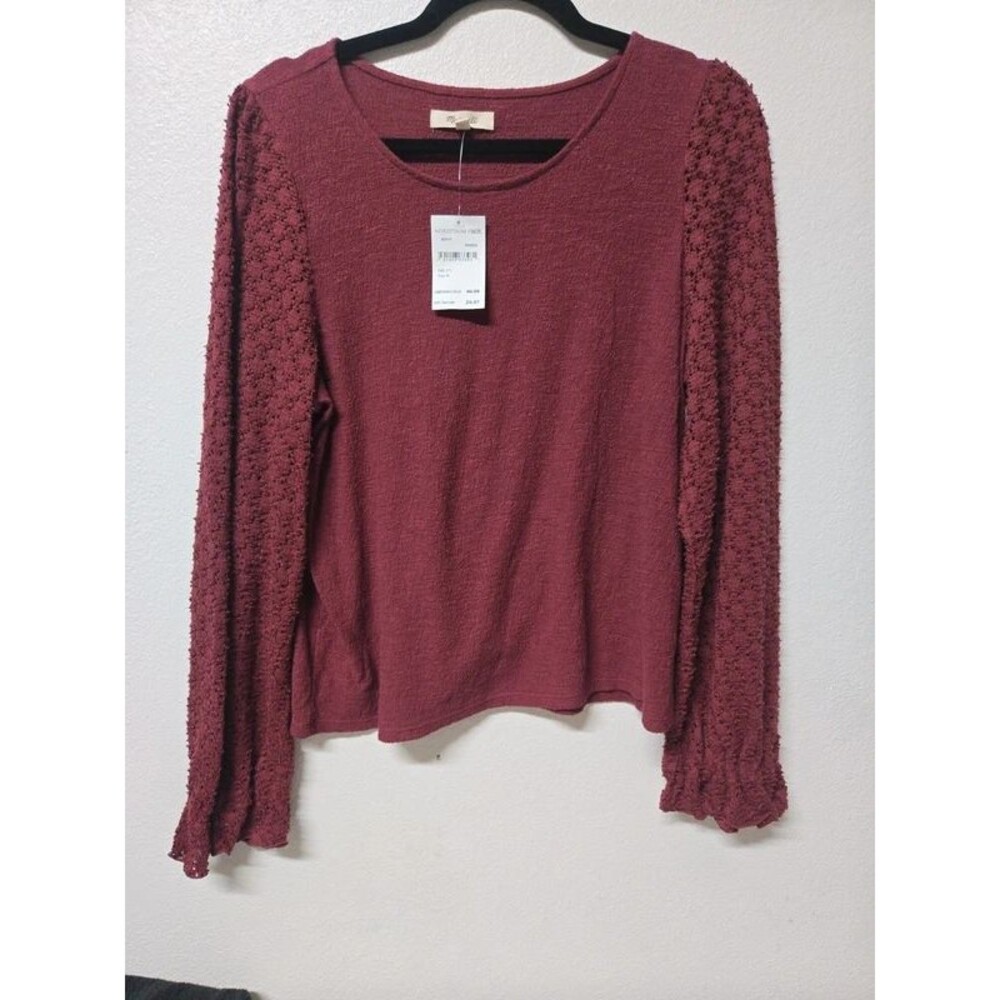 Madewell Texture & Thread Eyelet Mix Ruffle Sleeve Top Maroon Size M NWT